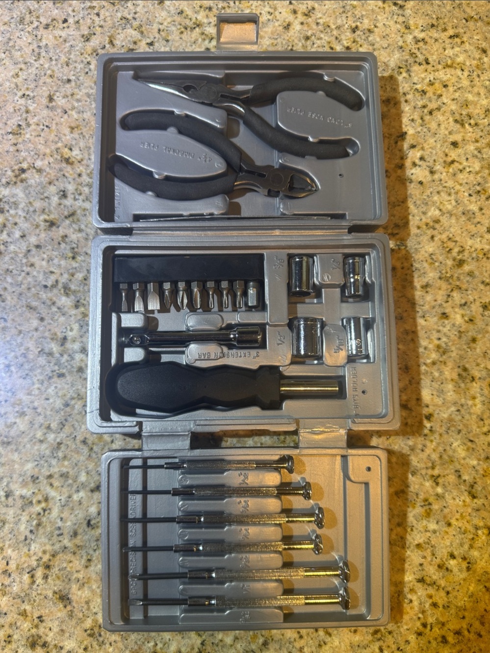 Mini Small Tool Set  25 Pc Socket Driver Pliers Screwdriver Kit Tweezers w/ Case